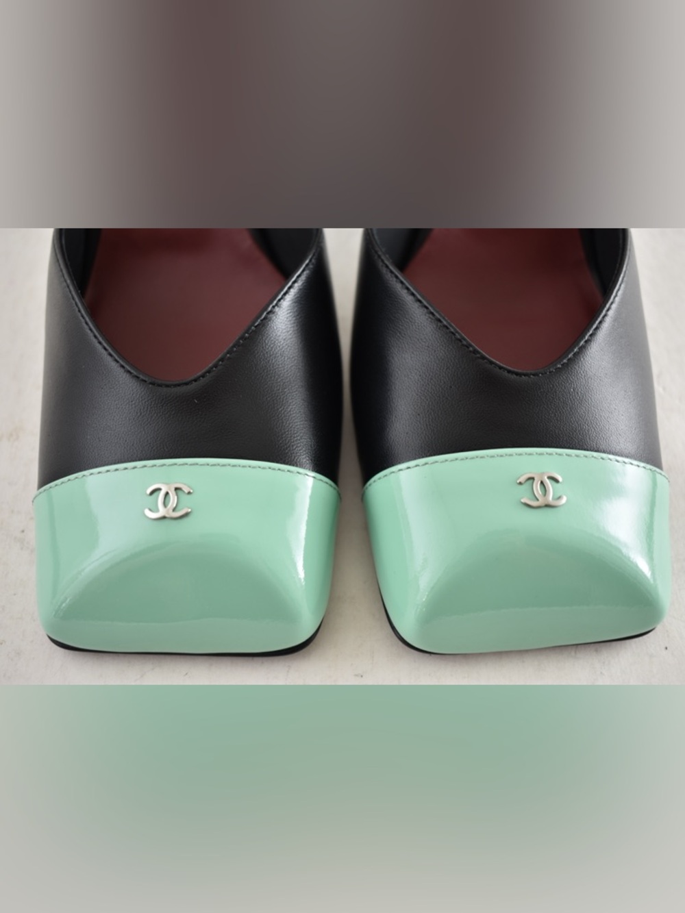 Chanel 26S Blazy Black Mint Green Square CC Sling Slingback Block Heel Pump 37.5 - Picture 11 of 16